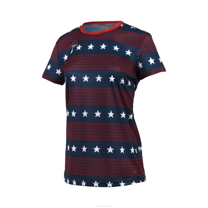 Mizuno bedrukbare hardloopshort met korte mouwen vrouwen kleding hoogrisicorood-landgoedblauw(1g5y) VZJP245